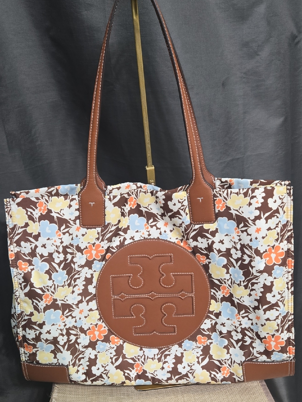 NWOT Tory Burch Brown Floral Logo Tote with Blue, Orange & Cream Flowers